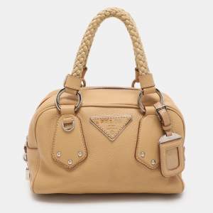 Prada Beige Vitello Daino Leather Rope Handle Bauletto Bowler Bag