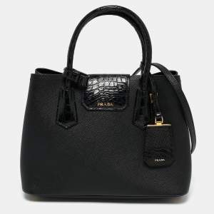 Pre Owned Prada Black Saffiano Cuir Leather and Alligator Small Double Handle Tote