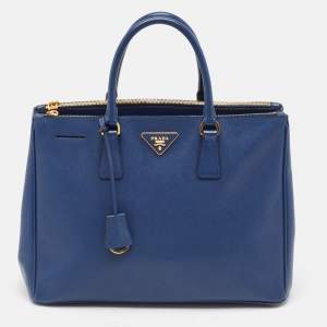 Pre Owned Prada Blue Saffiano Lux Leather Large Double Zip Tote