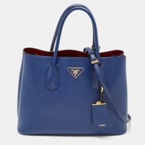 Prada Blue Saffiano Cuir Leather Medium Double Handle Tote
