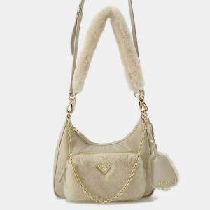 Prada Re-Nylon Shearling Mini Bag Sand Beige Shearling Nylon Leather Bag