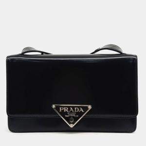 Prada Black Leather Emblem Brushed Shoulder Bag