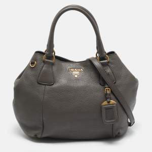 Prada Grey Vitello Daino Leather Snap Shoulder Bag