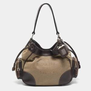 Prada Brown/Beige Logo Jacquard and Leather Side Pocket Shoulder Bag
