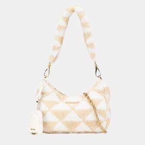 Prada Beige White Mini Shearling Symbole Re-Edition Satchel
