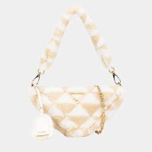 Prada Beige Brown Mini Shearling Symbole Triangle Satchel