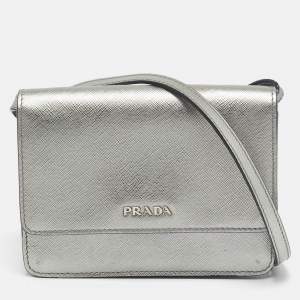 Prada Silver Saffiano Lux Leather Mini Flap Crossbody Bag