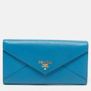Prada Blue Saffiano Metal Leather Letter Continental Wallet