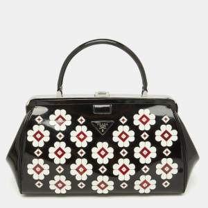 Prada Black Patent Leather Floral Applique Frame Doctor Top Handle Bag