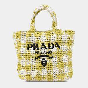 Prada Yellow Raffia Crochet Embroidered Logo Small Tote Bag