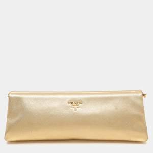 Pre Owned Prada Gold Saffiano Lux Leather East-West Frame Clutch