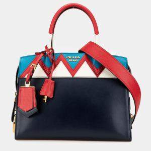 Prada Navy Blue Saffiano Trimmed City Calf Medium Greca Esplanade Satchel Bag