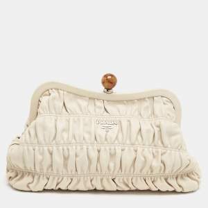Prada Cream Nappa Gaufre Leather Frame Clutch