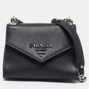 Prada Black Saffiano Leather Small Monochrome Flap Shoulder Bag