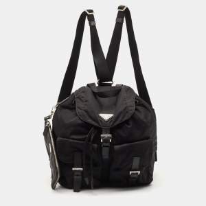 Pre Owned Prada Black Nylon and Leather Double Pocket Drawstring Backpack