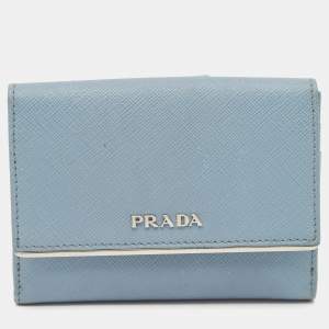 Prada Light Blue Leather Metal Bar French Wallet