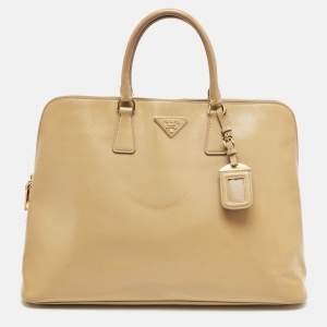 Prada Tan Saffiano Vernise Oversized Zip Satchel
