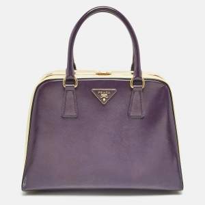 Prada Purple/Cream Saffiano Vernic Leather Pyramid Frame Satchel
