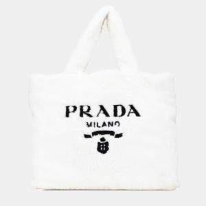 Prada White Spugna Terry Cloth Logo Tote