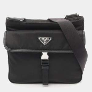 Prada Black Nylon Saffiano Leather Tessuto Shoulder Bag 