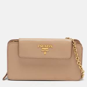 Prada Beige Saffiano Lux Leather Phone Wallet On Chain