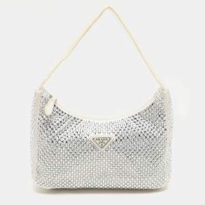 Prada Off White Satin Crystal Embellished Re-Edition 2000 Baguette Bag