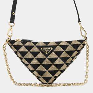 Prada  Black/Beige Canvas Leather Triangle Shoulder Bag