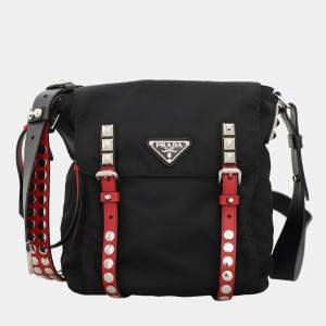 Prada Black & Red Leather and Nylon New Vela Studded Messenger Bag