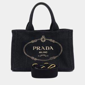 Prada Black Fabric Canapa Tote and Shoulder Bag
