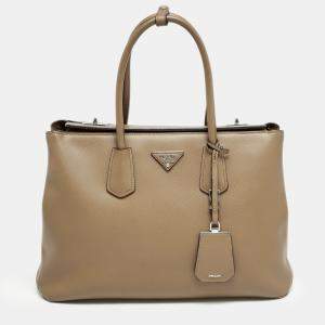Prada Brown Saffiano Cuir Leather Turnlock Twin Tote