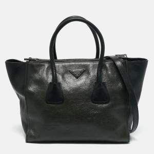 Prada Green/Black Leather Medium Twin Pocket Double Handle Tote