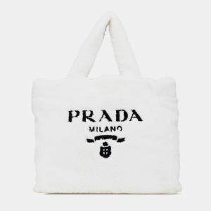 Prada White Spugna Terry Cloth Logo Tote
