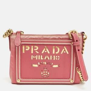 Prada Pink Nylon and Saffiano Leather Flat Zip Crossbody Bag