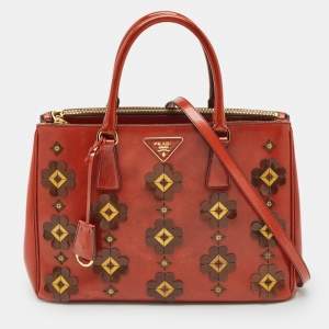 Prada Brick Red Patent Leather Medium Floral Applique Double Zip Tote