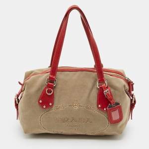 Prada Red/Beige Canvas Logo Jacquard Boston Bag