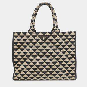 Prada Beige and Black Canvas Symbole Large Tote Bag