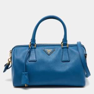 Prada Blue Saffiano Lux Leather Zip Boston Bag