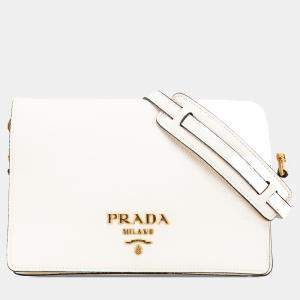 Prada White Vitello Daino Flap Crossbody