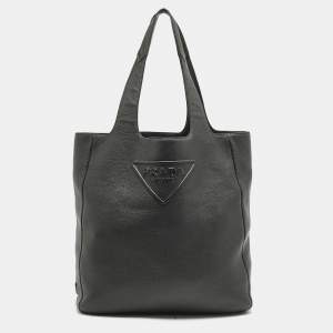 Prada Black Vitello Daino Leather Logo Embossed Tote