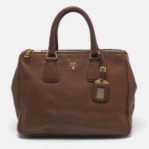 Prada Brown Vitello Daino Leather Double Zip Tote