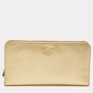 Prada Gold Saffiano Lux Leather Bifold Wallet Organizer