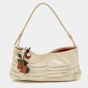 Prada Off White Ruched Leather Rose Applique Pochette