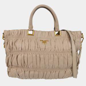 Prada Beige Gathered Leather 2way Tote Handbag