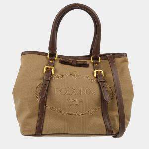 Prada Brown Logo Jacquard 2way Tote Handbag