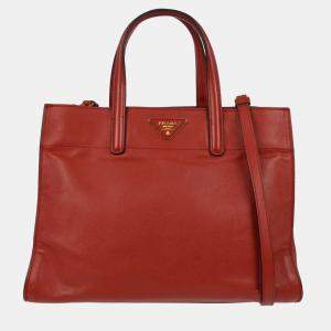 Prada Red Saffiano Leather 2way Tote Handbag