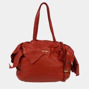 Prada Red Lambskin Bow 2way Tote Handbag