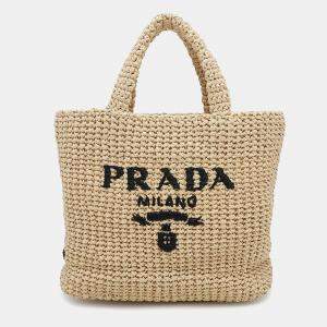 Prada Beige Raffia Small Crochet Tote Bag