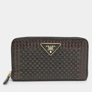 Prada Brown/Black Woven Madras Leather Zip Around Wallet