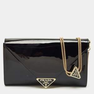Prada Black Patent Leather Enamel Triangle Logo Wallet On Chain