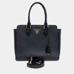 Prada Black Leather Saffiano Soft Tote and Shoulder Bag